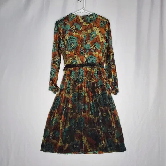 Vintage Floral Velvet Midi Dress 8 Long Sleeve Pleated Gold Buckle Lined70s - Picture 2 of 12